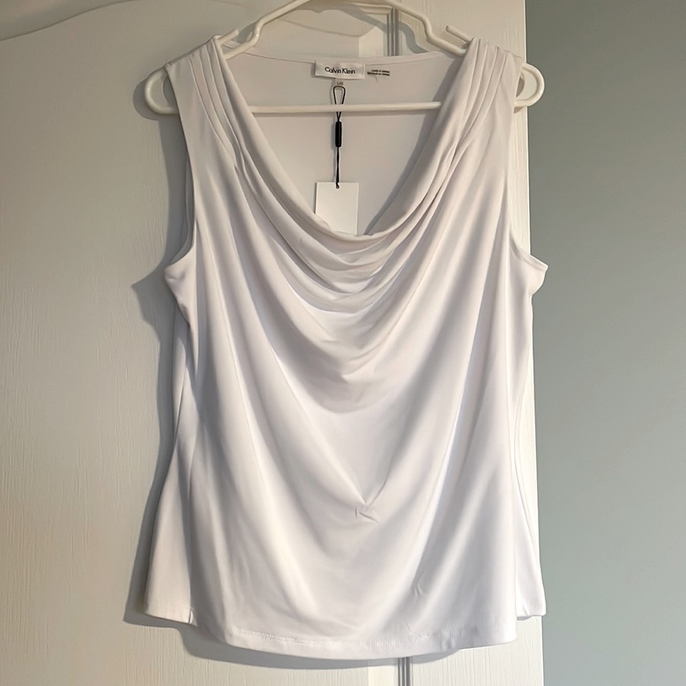 CALVIN KLEIN White Sleeveless Tank Cowl Neck Sz L Large